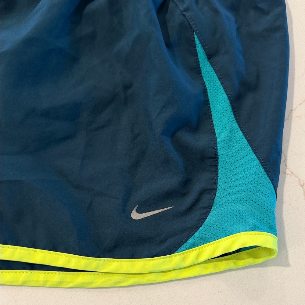 Nike Women's Dark Navy Athletic Shorts with Teal Panels and Neon Yellow Trim - Picture 2 of 5